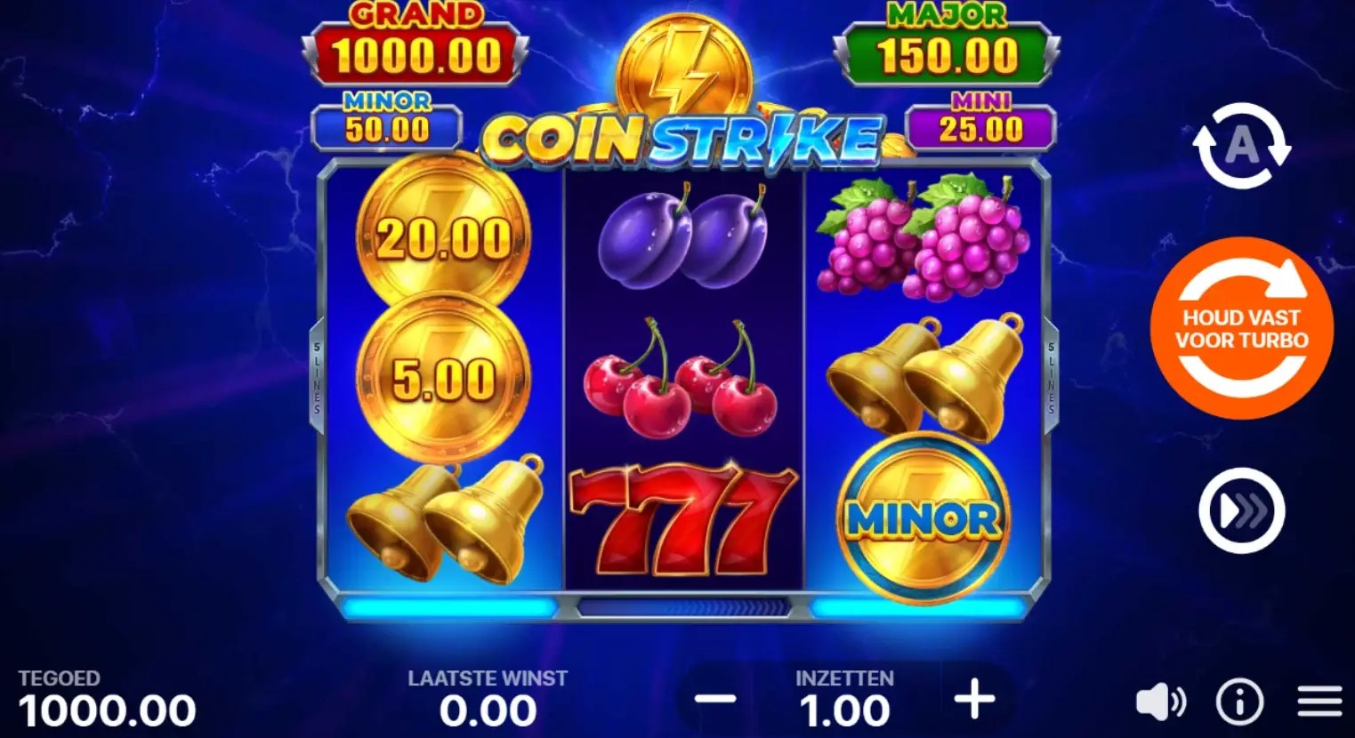Coin Strike slot gameplay screen showing reels, symbols and jackpot values in NL.