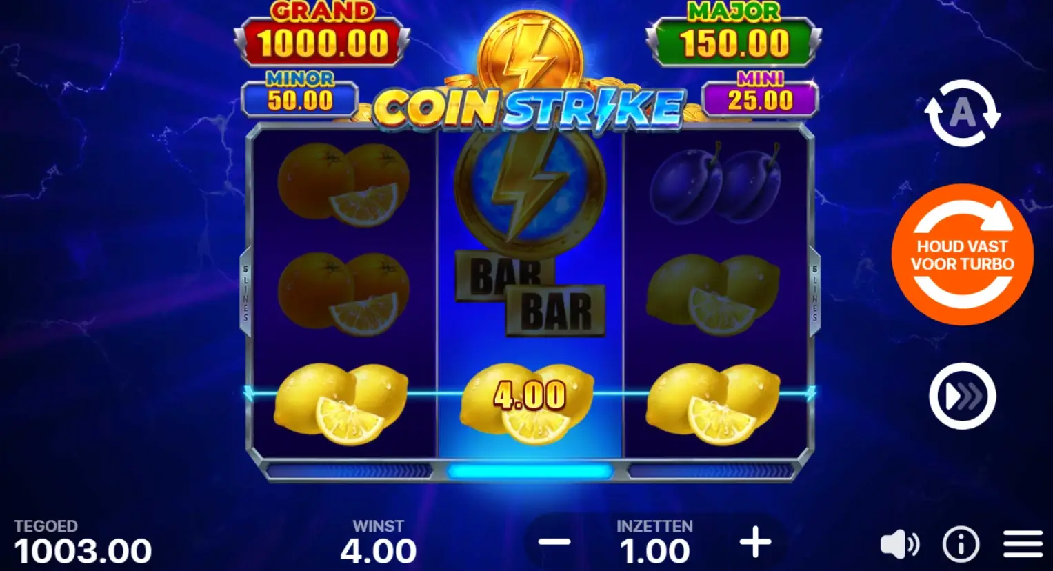 Coin Strike slot winning spin with coin values and payout line highlighted.