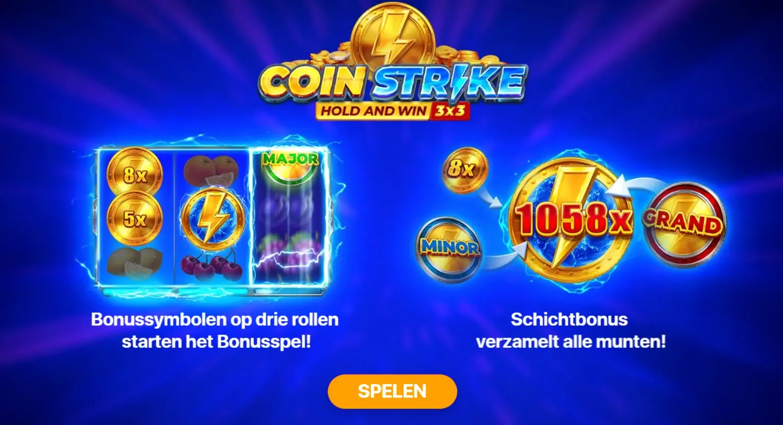 Coin Strike Hold and Win slot bonus overview with multipliers and jackpot coins in Netherlands.